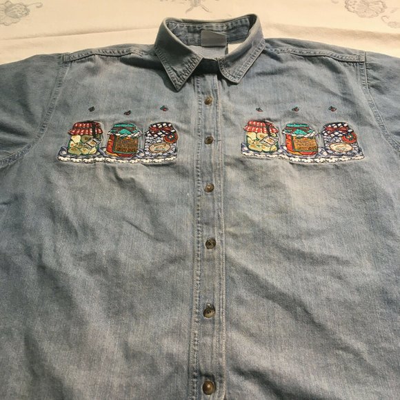 #56 Bobbie Brooks Denim Button-Up Shirt Women's L Short Sleeve Embellished Fall - Picture 9 of 9